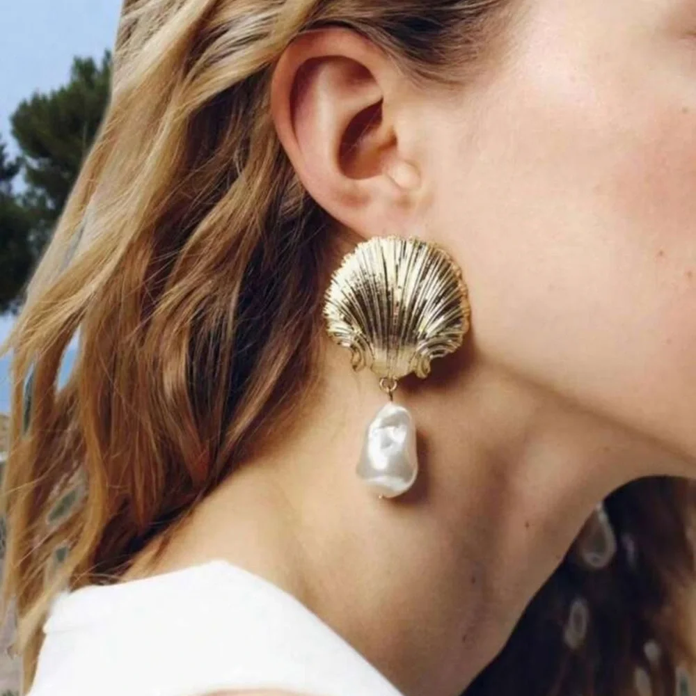 2/$30🌵 Gold Shell Earrings Faux Pearl Beach Seashell Ocean Coastal Vacation NEW